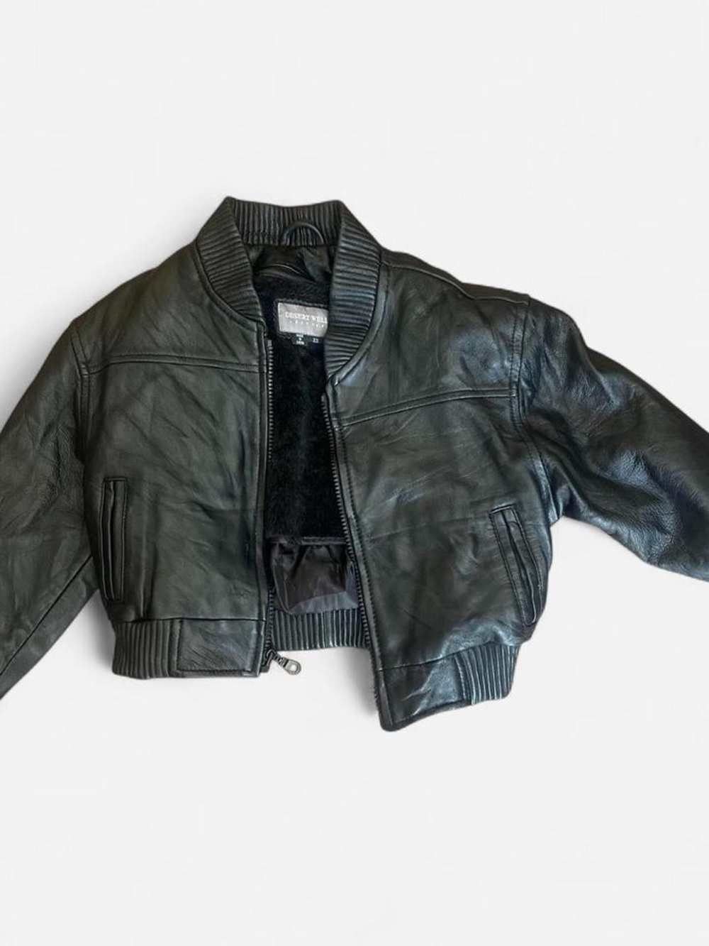 Kids Black Leather Bomber Jacket -